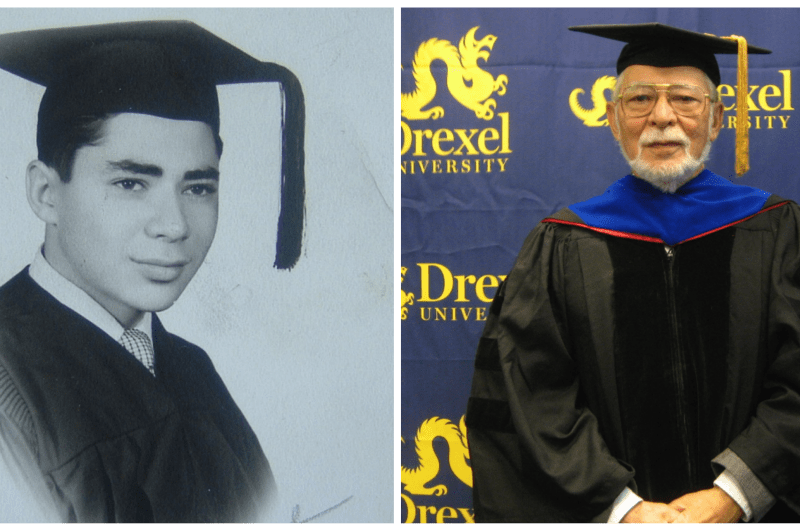 Edwin E.L. Gerber, PhD, pictured when he was 17 in 1952 and when he received Drexel's Harold Myers Service Award in 2013. Photos courtesy Edwin E.L. Gerber, PhD.