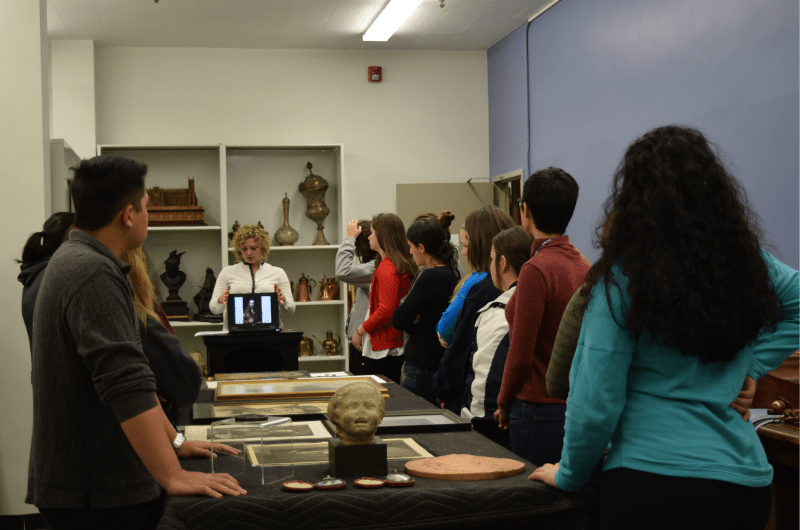 Lynn Clouser, center, director of The Drexel Collection, on a tour of The Drexel Collection to a class of English 101 students.