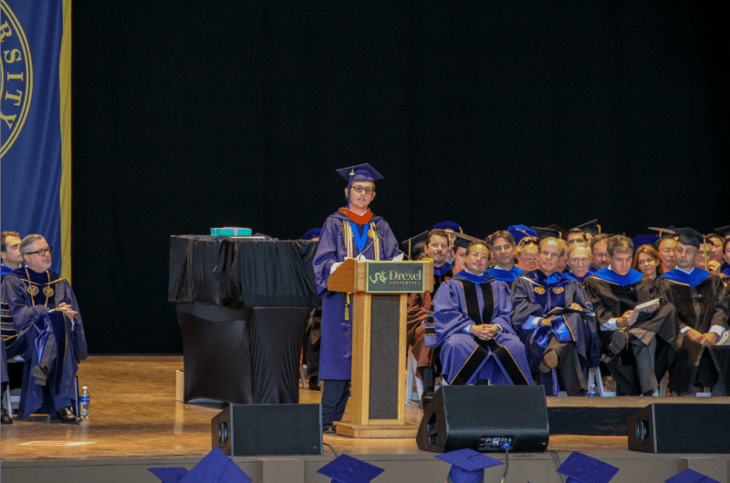 Nordin Ćatić, the video's director, speaking at the 2017 College of Engineering graduation ceremony.