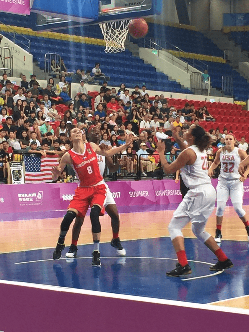 Drexel's 6'2" Tess Kracíková, representing the Czech National women's basketball team, is seen here competing against Team USA at the World University Games.