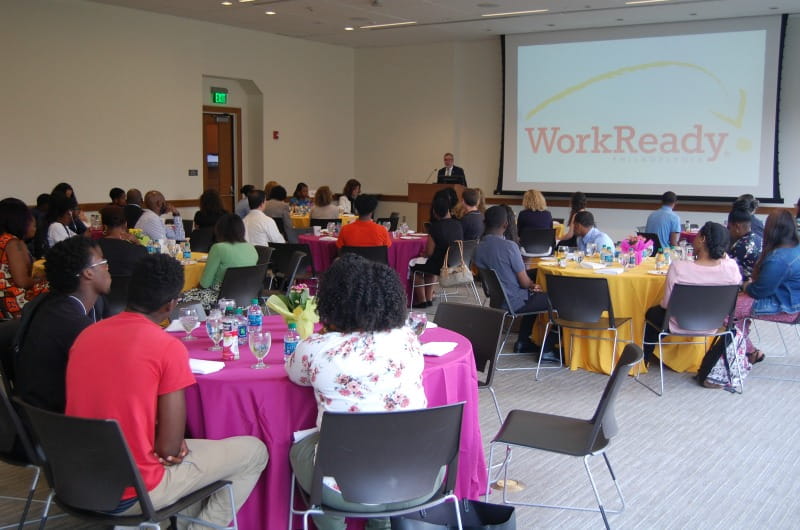Drexel University President John Fry addresses a room of WorkReady students and their Drexel employers at an event on Aug. 14. Photo courtesy Sarah Colins.