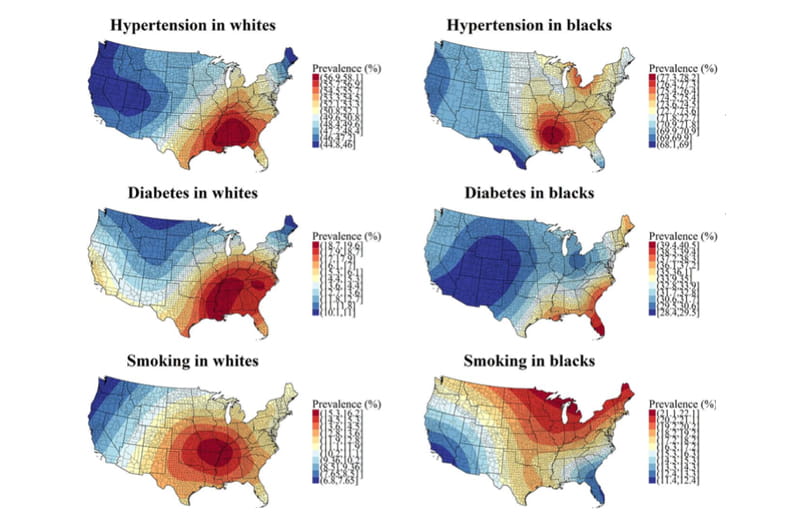 6 different maps displaying "heat measures" of stroke risk factors by race in the United States.