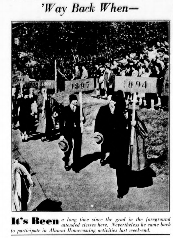 An image from Drexel's independent student newspaper, depicting a parade of alums during Homecoming in 1941, Drexel's 50th anniversary year. Photo courtesy University Archives.