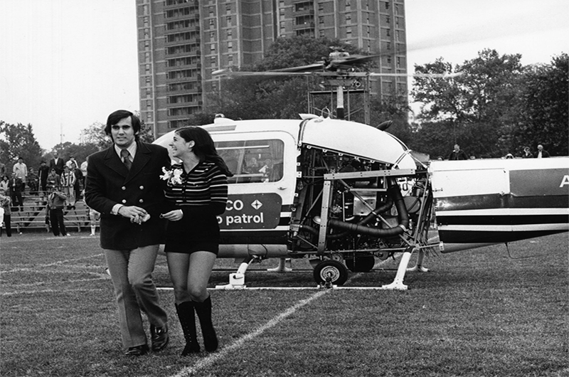 Verne Cozzolino, 1971's Homecoming queen, arrived to her coronation in a helicopter courtesy of ARCO. Photo courtesy University Archives.