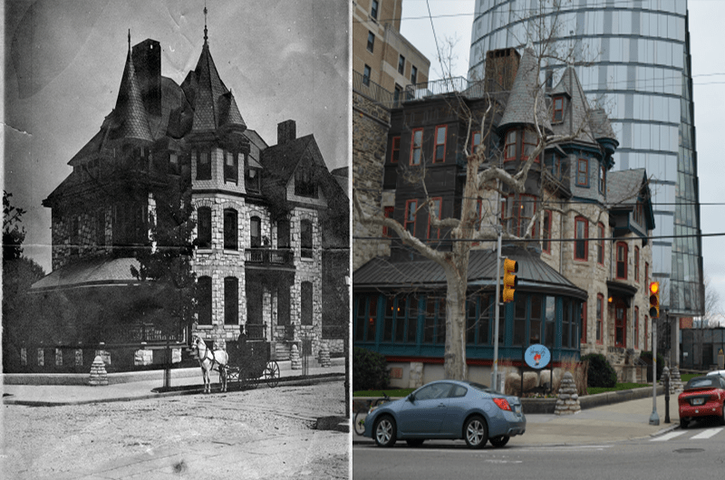 Left to right: The original home built at 227 N. 34th Street, photo courtesy of University Archives, and the building today.