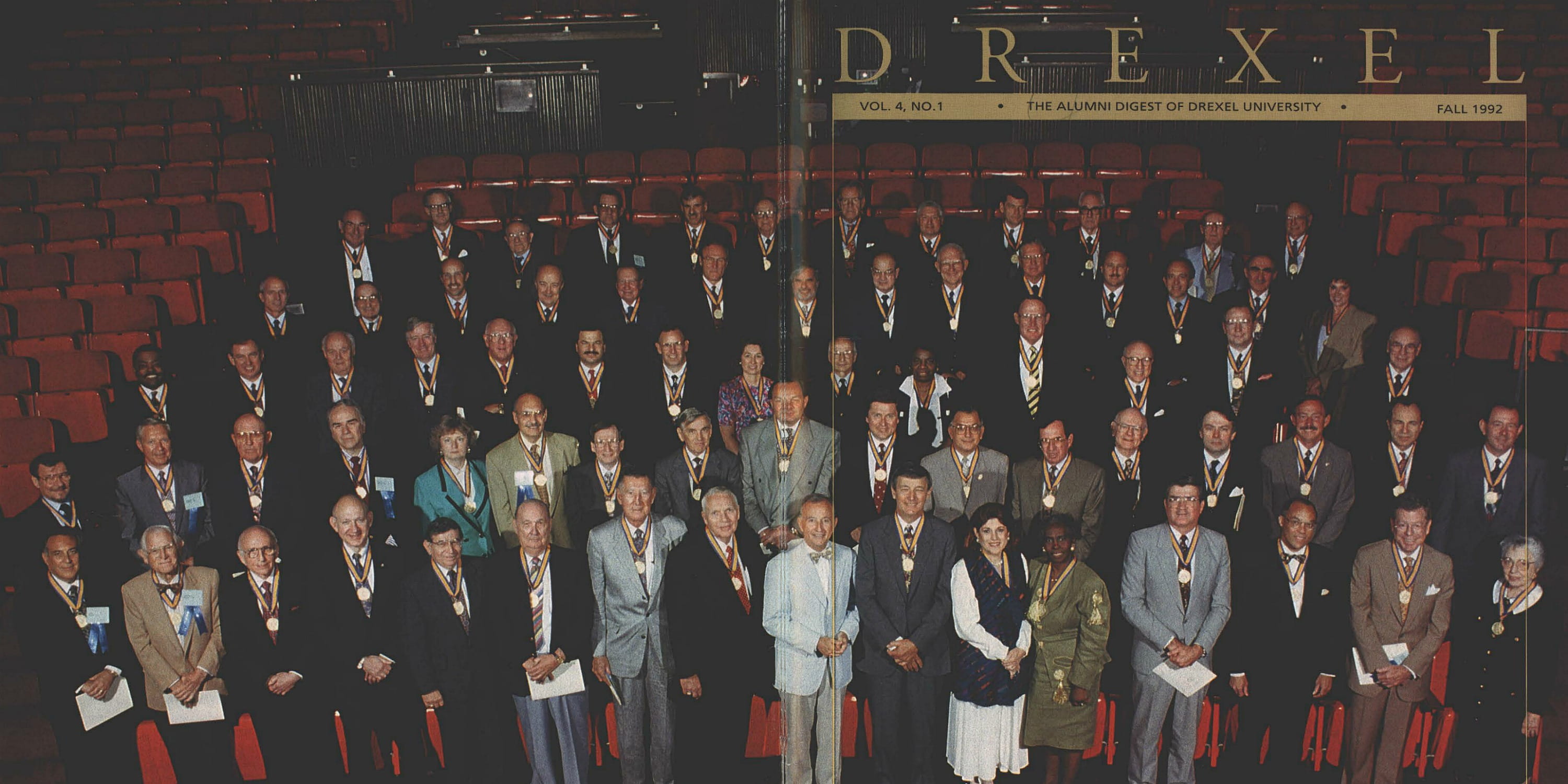 A composite of the front and back covers of the fall 1992 issue of Drexel’s alumni magazine featuring the inaugural class of the Drexel 100 (with President Richard Breslin in the pale blue coat in the center of the bottom row). Magazine scan courtesy University Archives.