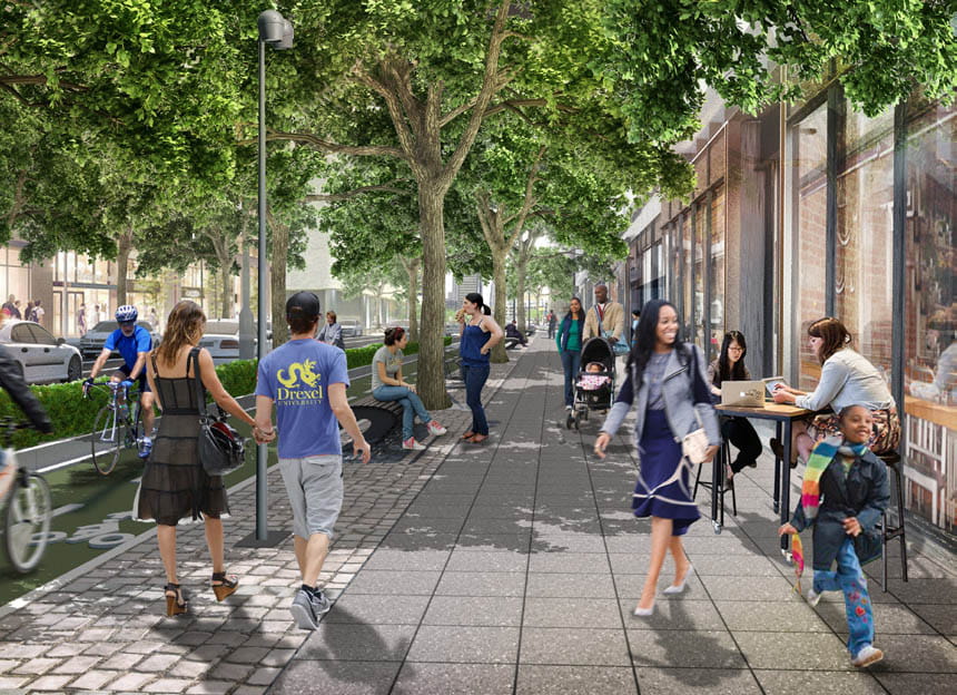 A rendering re-envisioning Market Street with tree plantings, bike lanes and more lighting.