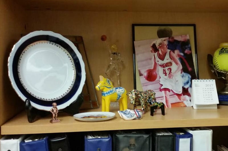 Amy Mallon's collection of gifts from her international basketball players.