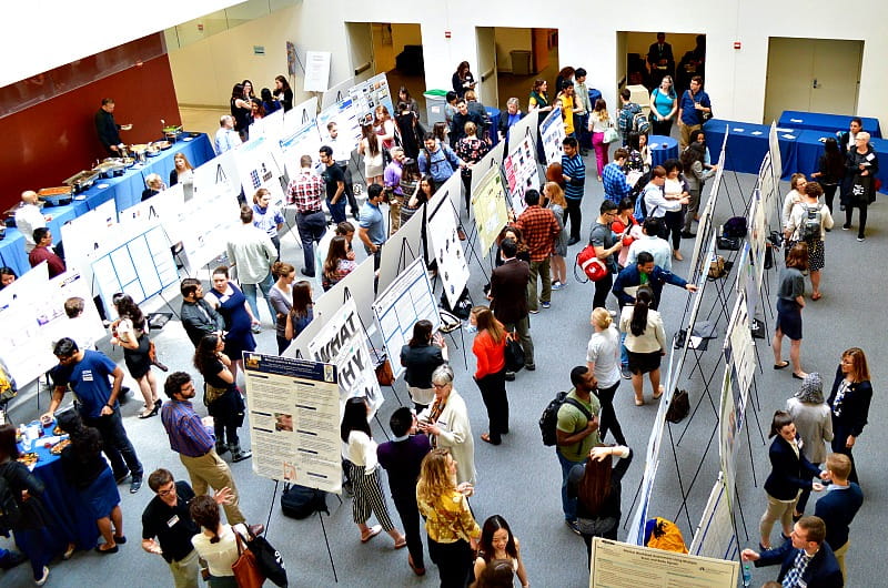 An aerial view of the poster research presentations.