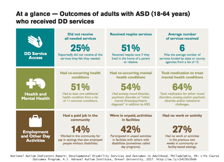A chart depicting findings from the report relating to health, work and service access.