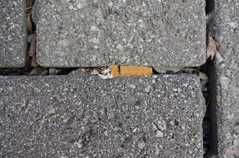 A cigarette butt stuck in a paver on Drexel's University City Campus.