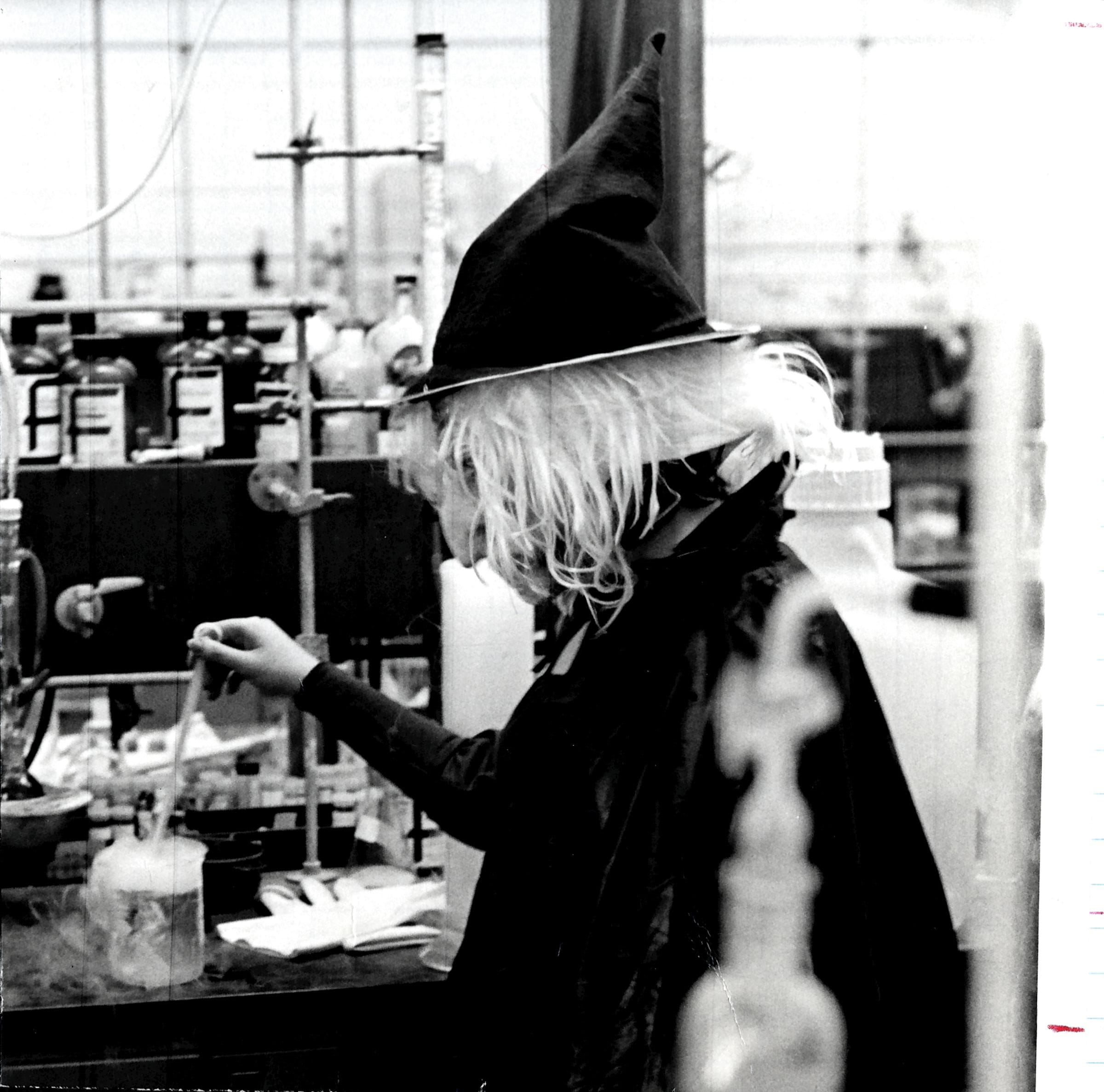 A Dragon wearing a witch costume in chemistry lab in 1979. Photo courtesy University Archives.