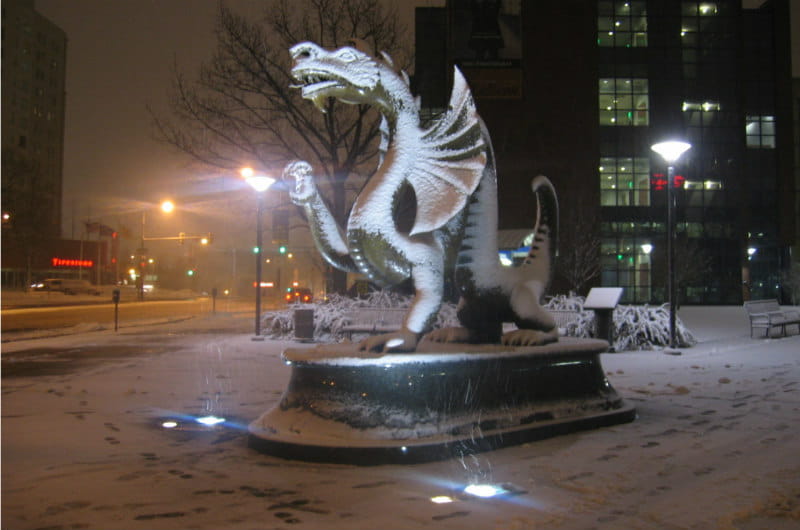 Mario the Dragon in a snowstorm.
