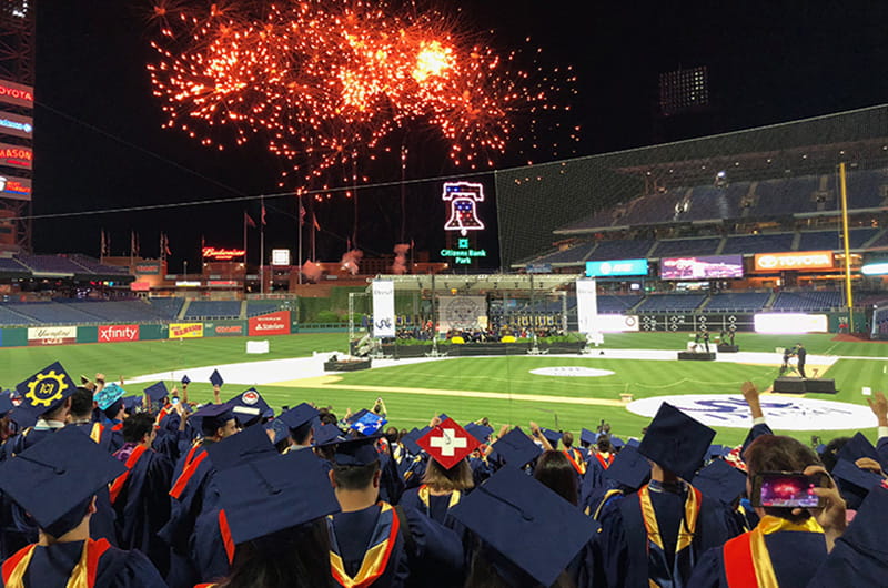 The 2018 University-wide commencement ceremony ended with fireworks.