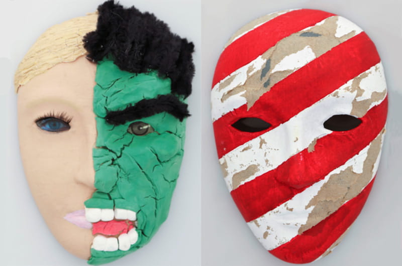 One mask depicting half of a normal face and another looking like the Hulk, and another with no mouth and faded red and white stripes