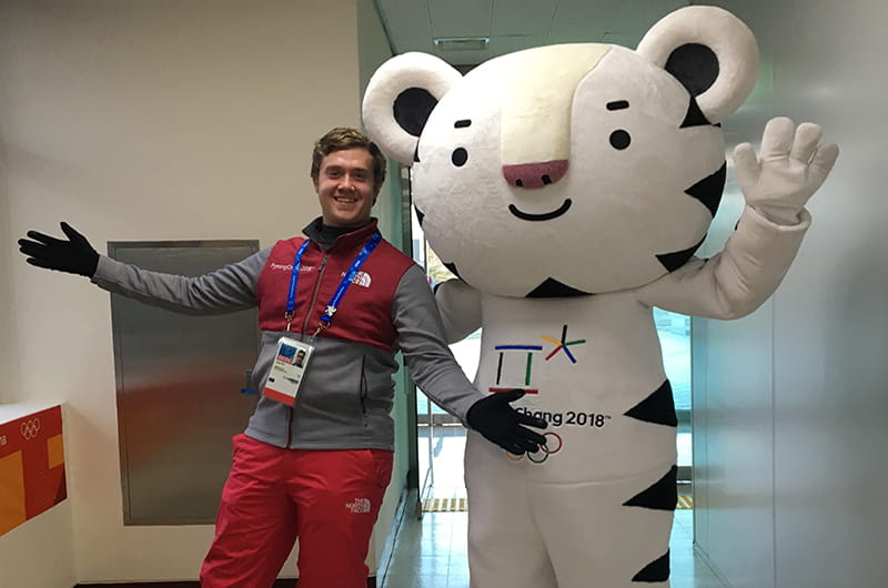 Ryan Roe with Soohorang, the mascot of the 2018 Winter Olympics.