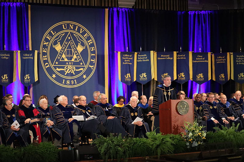 Drexel President John Fry speaking at the University's 2018 Convocation.