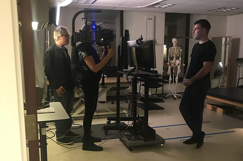 Actor and "In Search Of" host Zachary Quinto filming at Drexel's College of Nursing and Health Professions' research lab facilities.