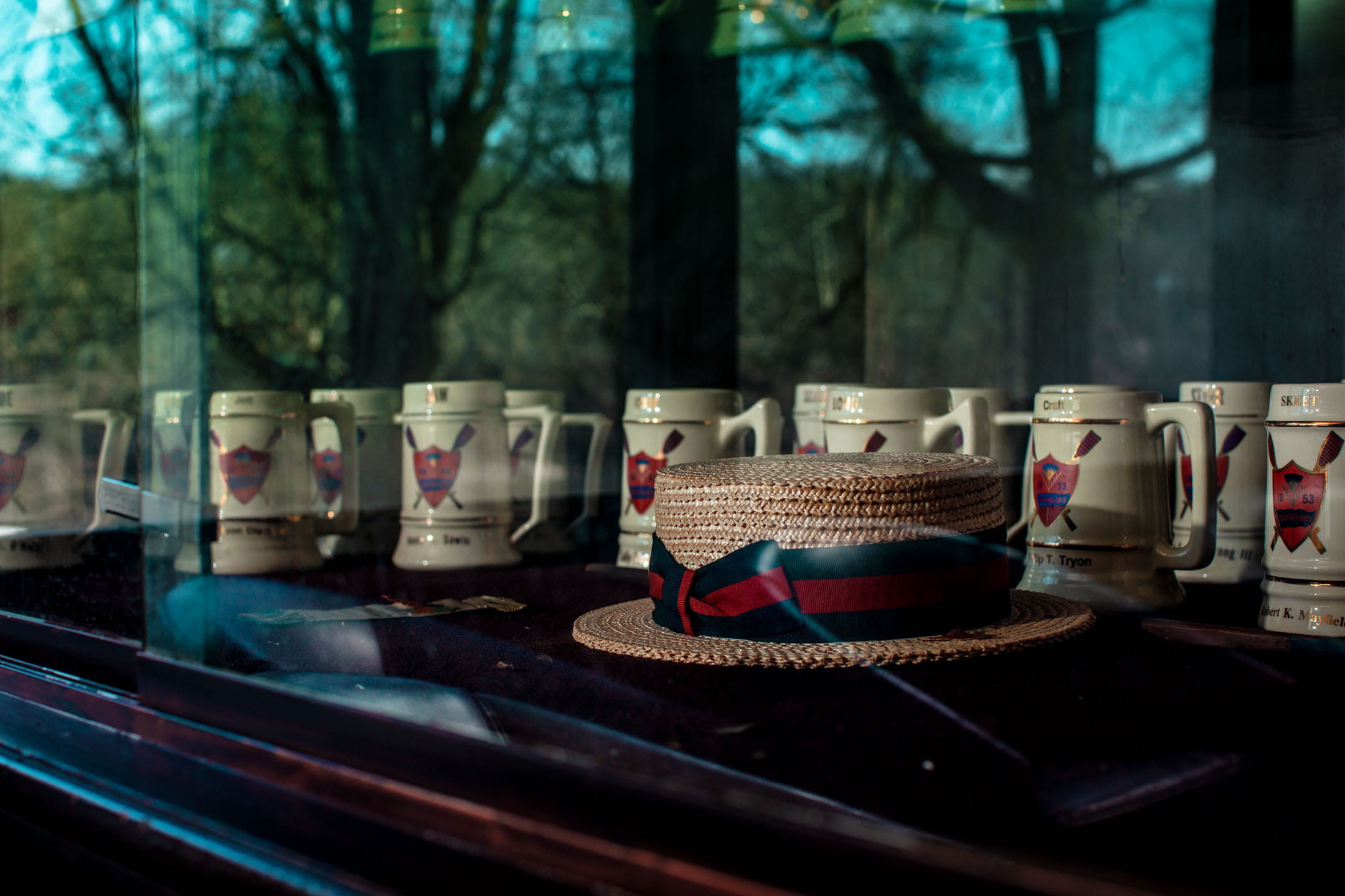 The drinking mugs of deceased Bachelors Barge Club members are displayed at the end of the porch area of the Button.