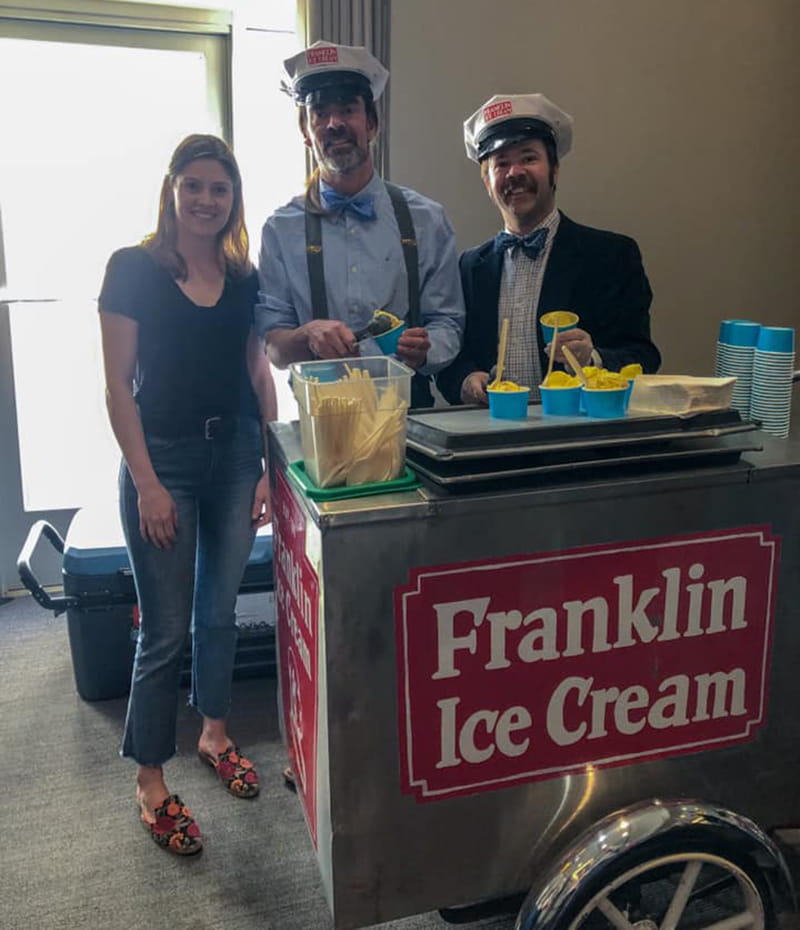 Left to right: Nora Vaughan, Ryan Berley and Eric Berley at the April 10 giveaway. Photo credit: Drexel's Center for Food & Hospitality Management.