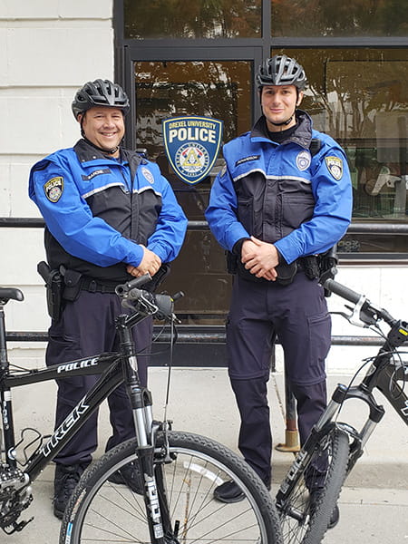 The Drexel Police Bike Patrol Unit is here to help you. Give a wave next time you see them. Pictured here: Charlie Barone (left) and Matt Richardson (right).