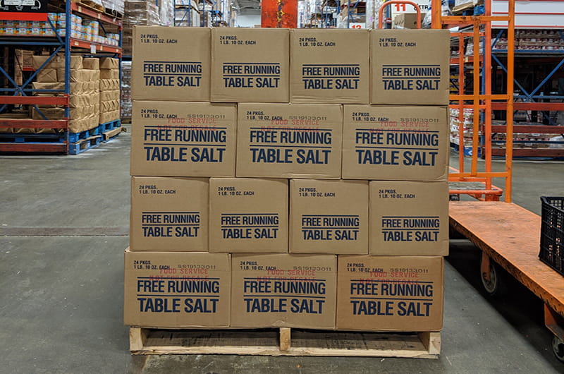 Pallet holding 48 boxes of 1 pound 10 ounces of table salt