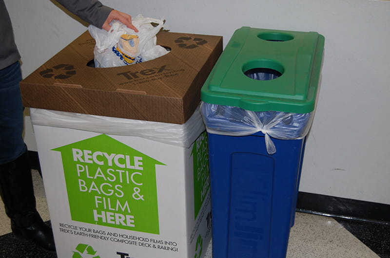 Plastic bag and film recycling bin at Drexel University. 