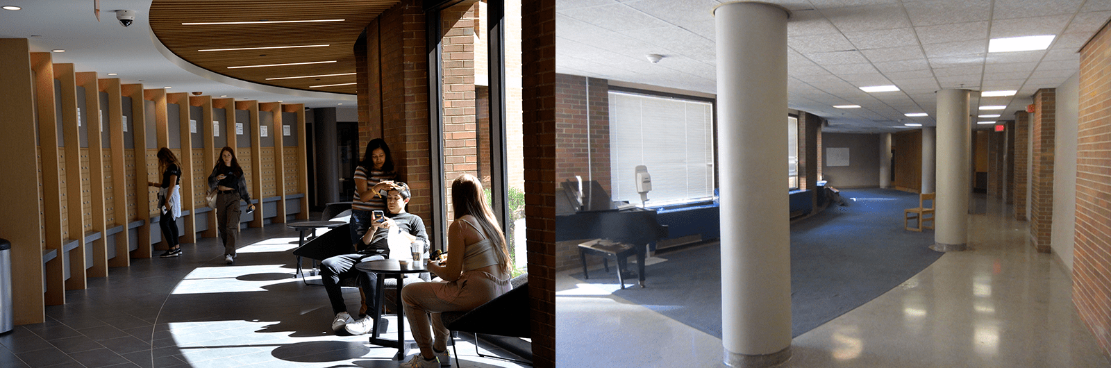 In this side-by-side picture of the first floor of Bentley Hall before (right) and after (left) construction, it's easy to see the brand new windows on both sides of the building, as well as the improved flow through the space. 