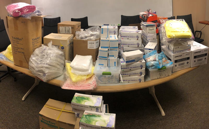 Supplies collected by the College of Medicine's Department of Neurobiology, Marion Murray Spinal Cord Research Center and faculty from medical education, as compiled on March 29. Photo credit: Michael Lane. 