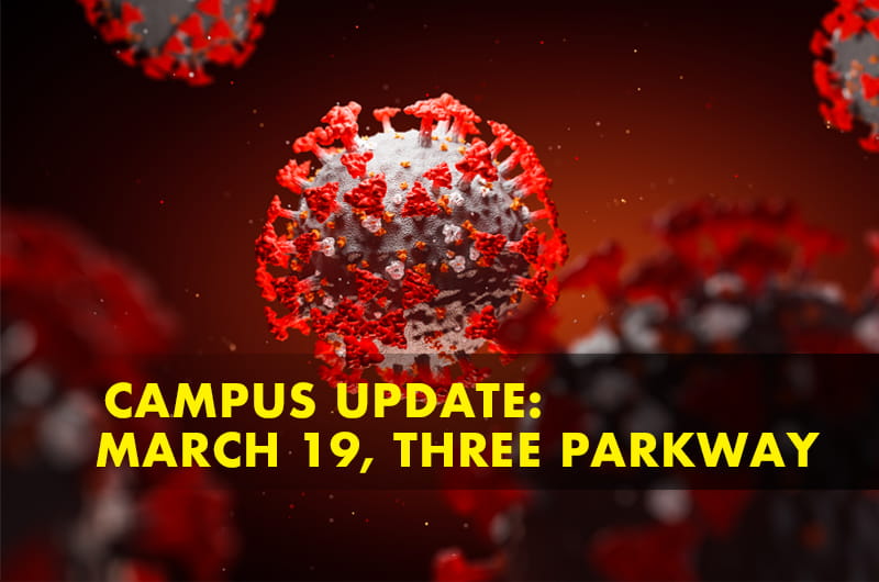 Red image of coronavirus cell with: Campus Update: March 19, Three Parkway