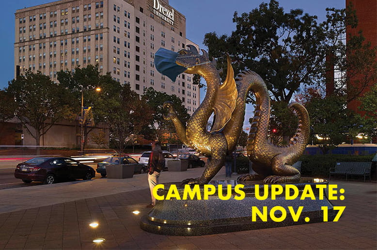 Dragon statue with the text campus update Nov. 17