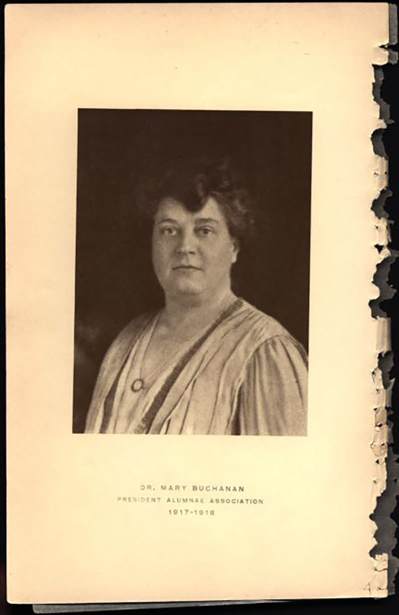 A photograph of Mary Buchanan, MD 1899, clinical professor of ophthalmology at WMCP, from the 44th Annual Meeting of the Alumnae Association transactions booklet from 1919. Photo courtesy Legacy Center Archives, Drexel University College of Medicine.
