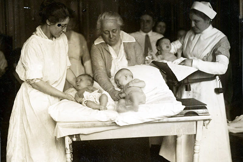 A photograph from 1918 or 1919 showing newborns being cared for in the Barton Dispensary, which WMCP temporarily closed during the 1918 pandemic. Photo courtesy Legacy Center Archives, Drexel College of Medicine.