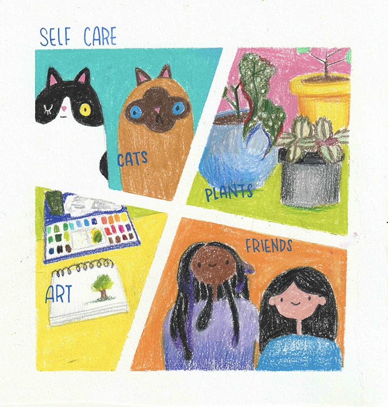 A comic about self-care created by Hanna Lee, an Art Therapy and Counseling master’s student in the College of Nursing and Health Professions.