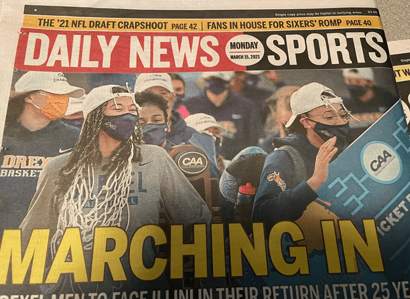 Daily News cover story of the women’s team returning to Drexel.