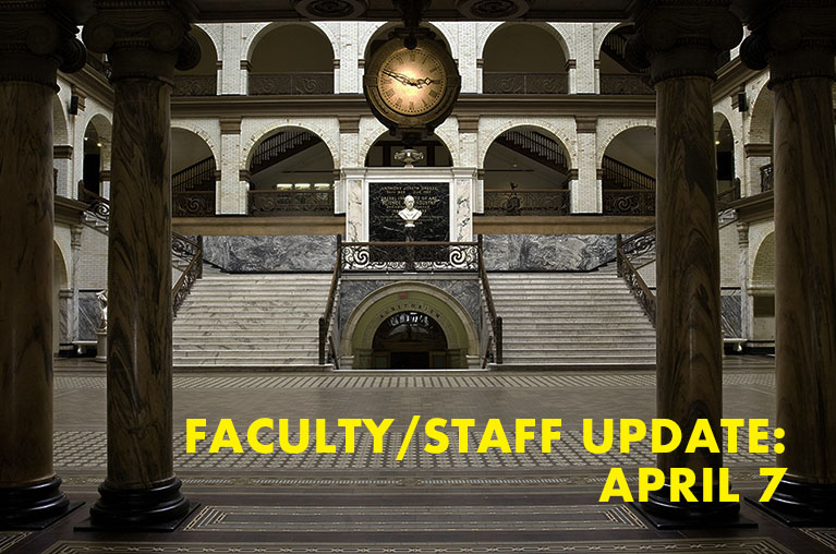interior of Main Building facing steps with test faculty/staff update April 7
