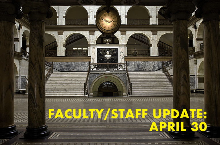 Main Building interior facing steps with text faculty/staff update April 30