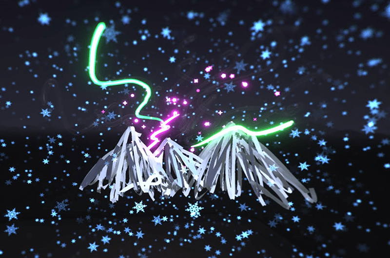 Doodle of a mountain with snowflakes and squiggles