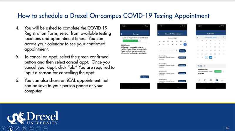 A slide from the presentation of Janet Cruz, MD, about scheduling a COVID-19 test through the Drexel Health Checker app.