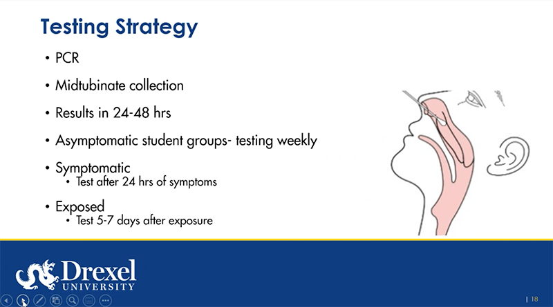 A slide from the presentation of Janet Cruz, MD, about the COVID-19 tests administered at Drexel.