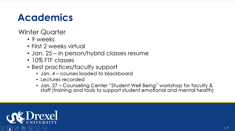 A slide from the presentation of Paul Jensen, PhD, about academics in winter term.