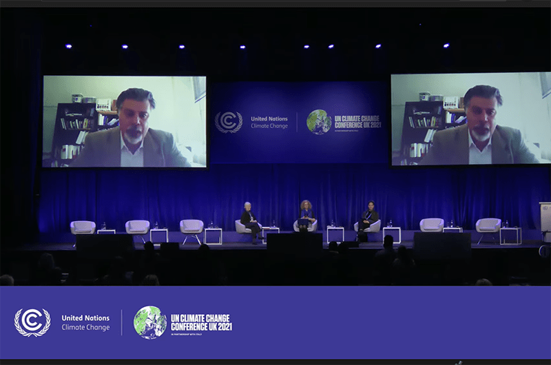 A screenshot of Franco Montalto virtually speaking at Drexel's co-hosted COP26 event. Photo courtesy Adam Zahn.