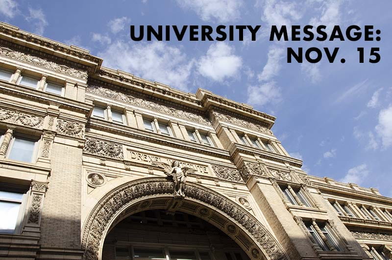 A picture of Main Building with the text "University Message: Nov. 15."