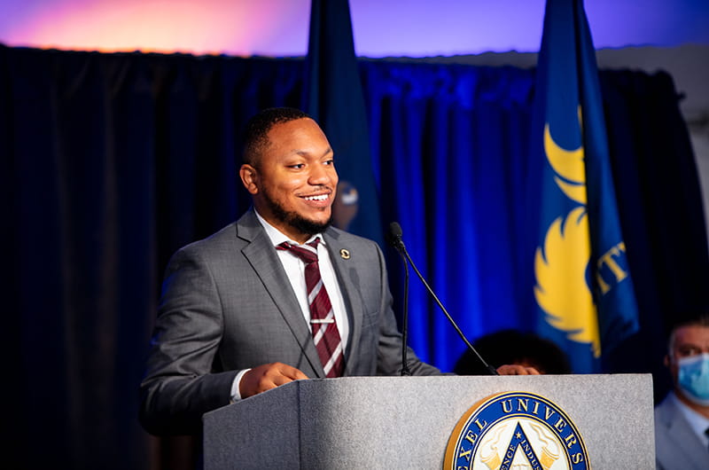 President of the Drexel Black Graduate Student Union Matthew Shirley, a PhD candidate in biomedical engineering, gave a speech at Conovocation.