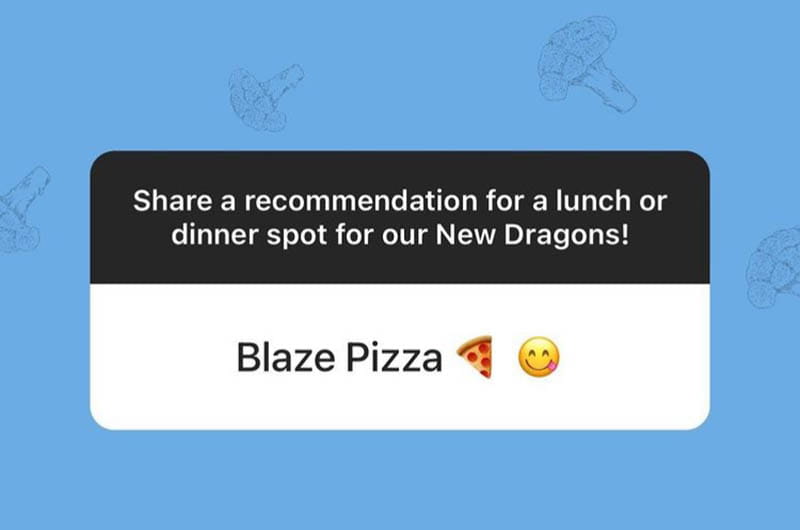 "Blaze Pizza" response to the @DrexelUniv Instagram ask, "Share a recommendation for a lunch or dinner spot for our New Dragons!"