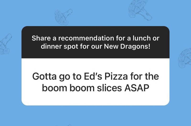 "Ed's Buffalo Wings & Pizza" response to the @DrexelUniv Instagram ask, "Share a recommendation for a lunch or dinner spot for our New Dragons!"