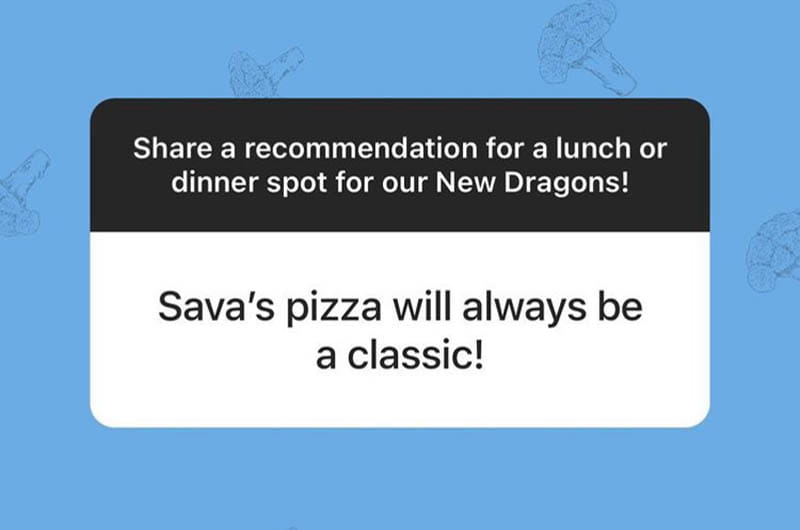 "Savas Brick Oven Pizza" response to the @DrexelUniv Instagram ask, "Share a recommendation for a lunch or dinner spot for our New Dragons!"
