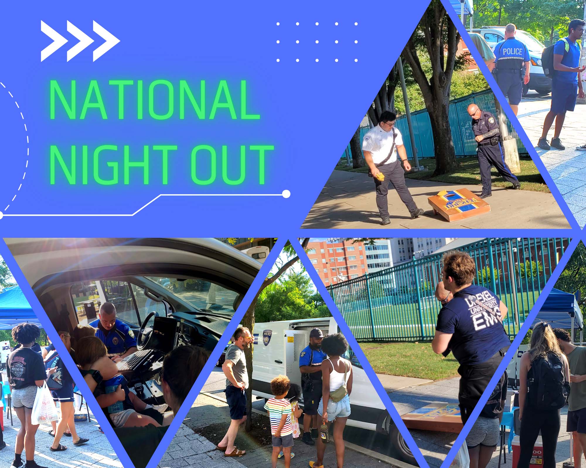 A compilation of images from National Night Out, including members of DPS and the community hanging out on the University City Campus.