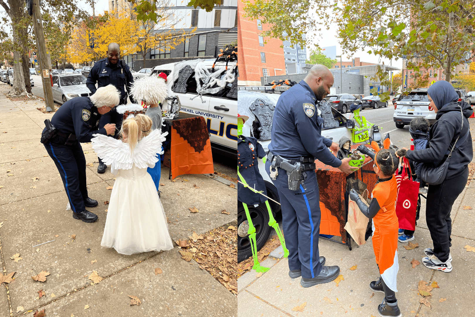 A photo collage of police officers handing Halloween candy to children trick-or-treating with their family.