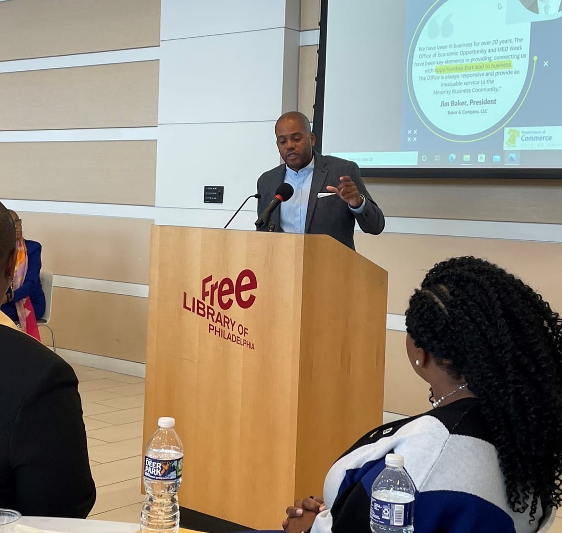 Allen Riddick speaking at MED Week 2022, during which he received the Women’s Business Enterprise Center Award.